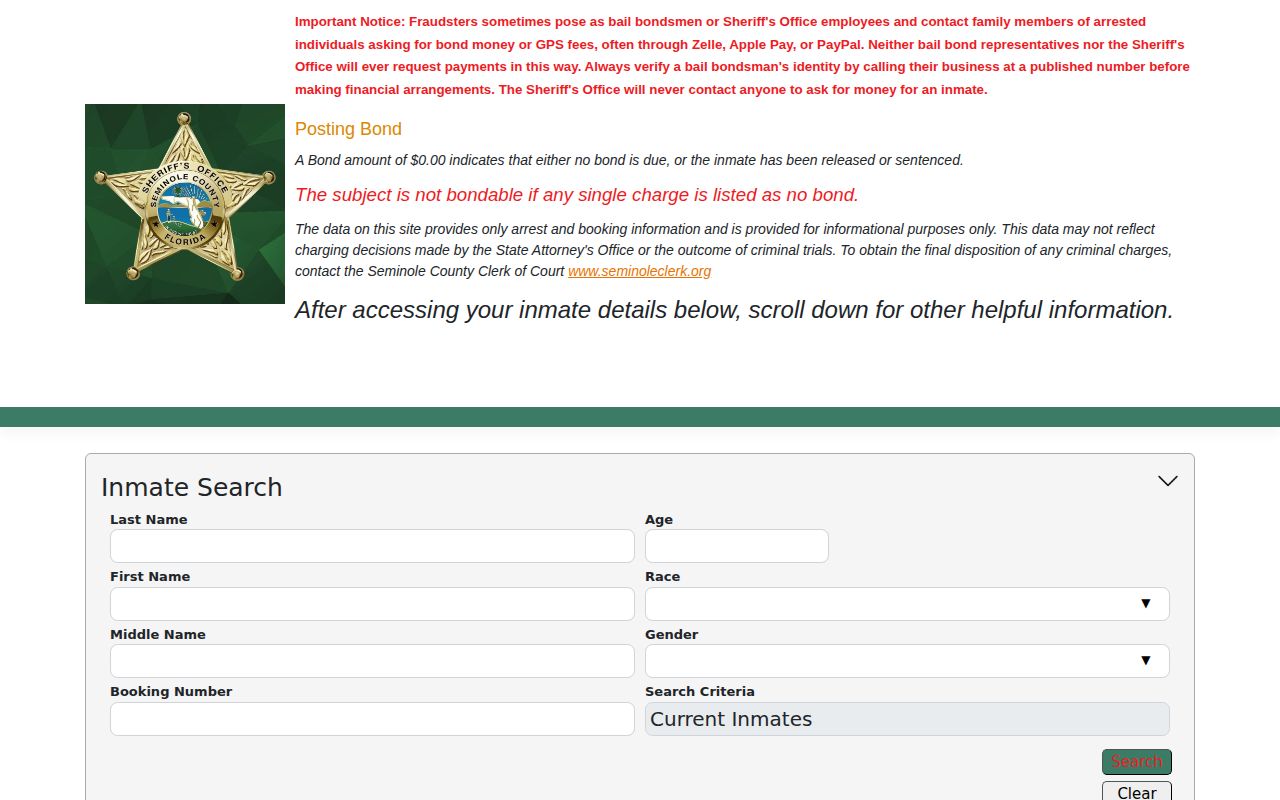 Seminole County current inmate Custody Portal search form
