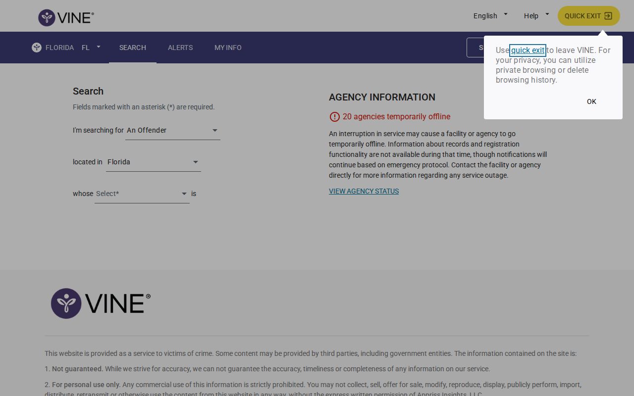 Seminole County VINELink Florida person search interface