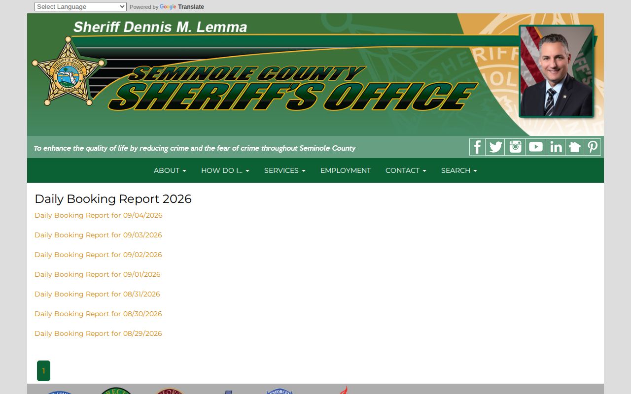 Seminole County Sheriff's Office daily booking report archive interface