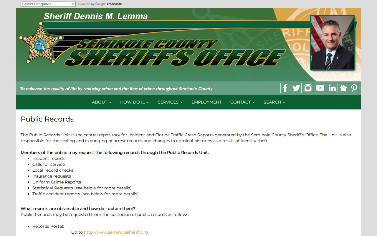 Seminole County Sheriff's Office public records request policy page