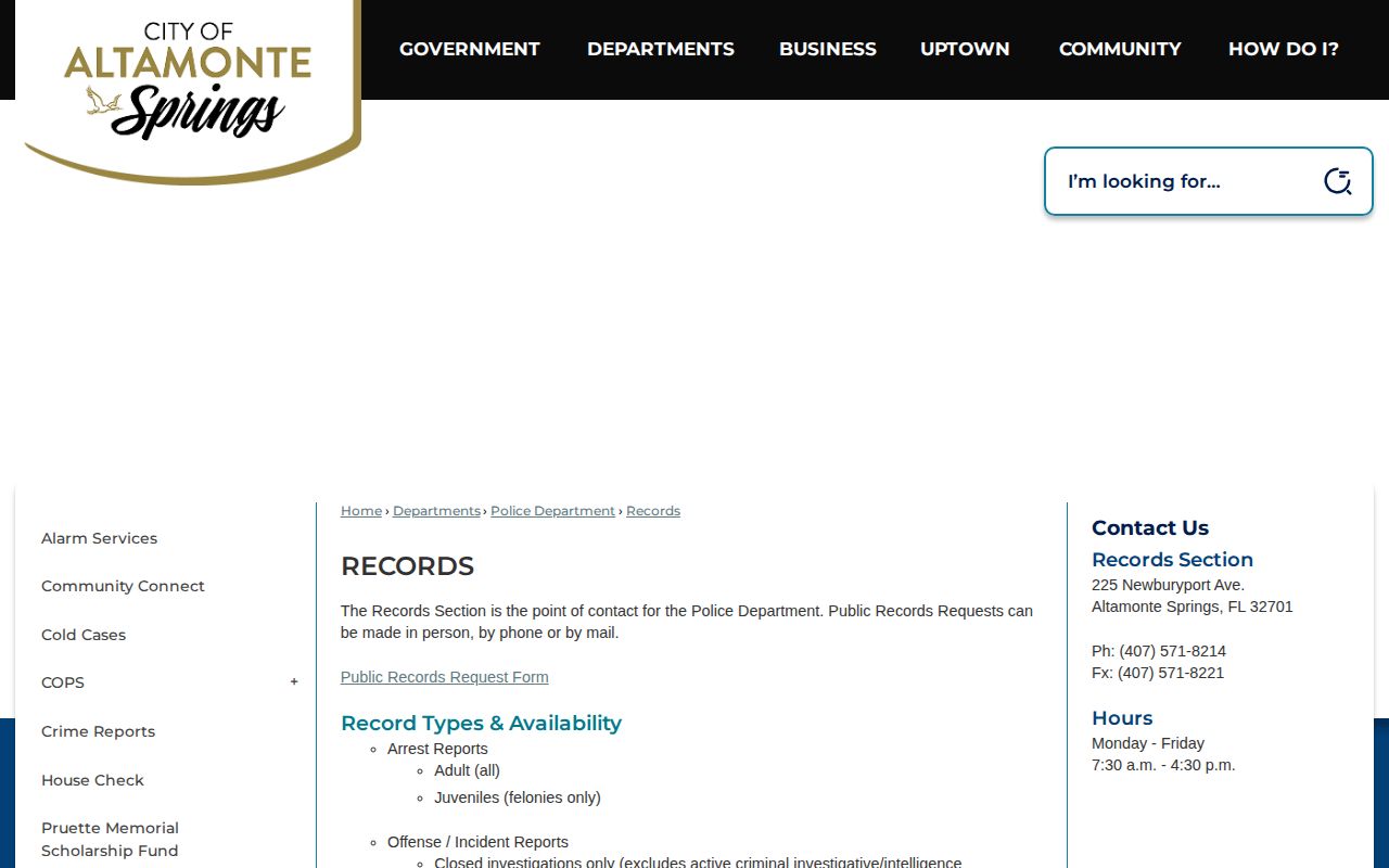 Altamonte Springs Police Records Section information