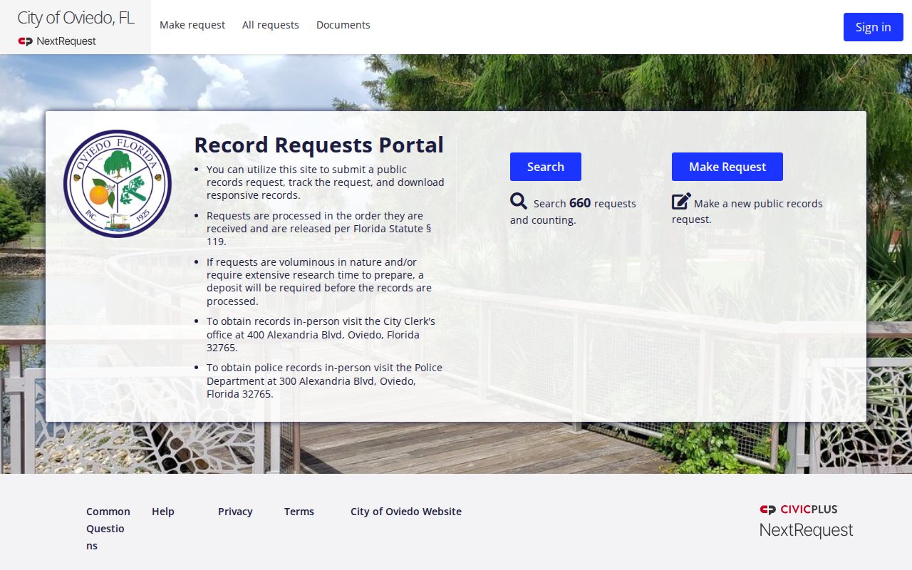 Oviedo NextRequest public records request portal